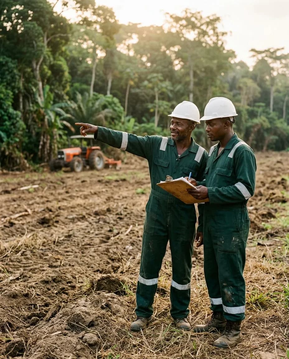 Two Reddy Agro field workers in green coveralls and hard hats planning work on a cleared plot