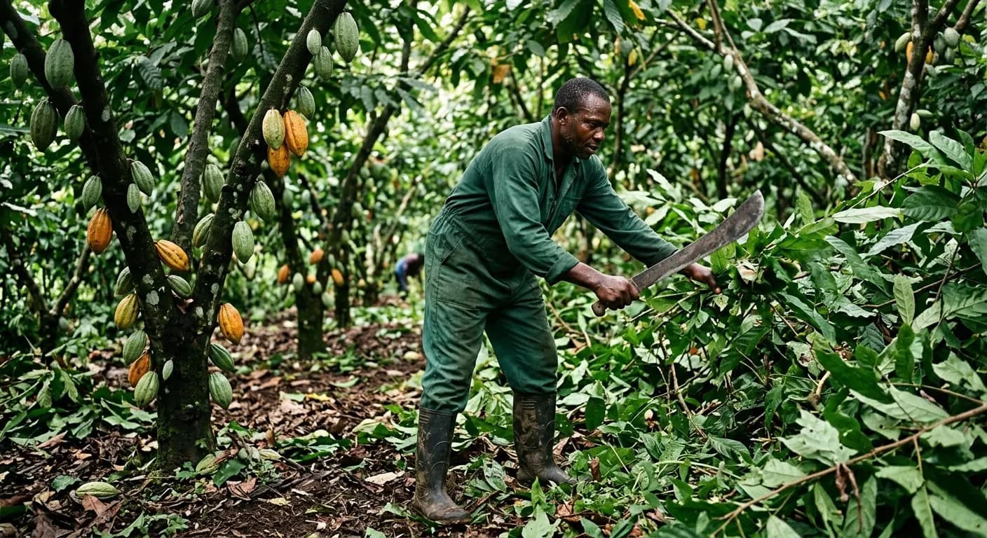 Cocoa farm undergrowth being cleared