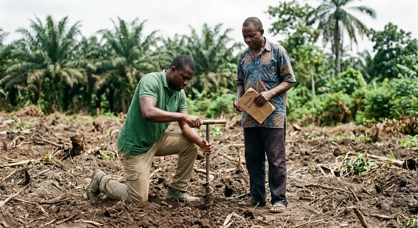Advisor taking a soil sample with a hand auger while a farmer watches