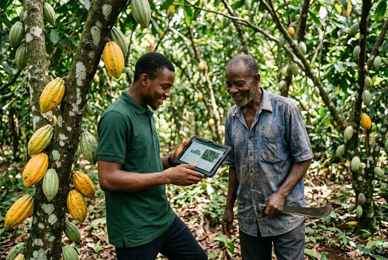 Agricultural advisor reviewing a tablet with a cocoa farmer beneath cocoa trees