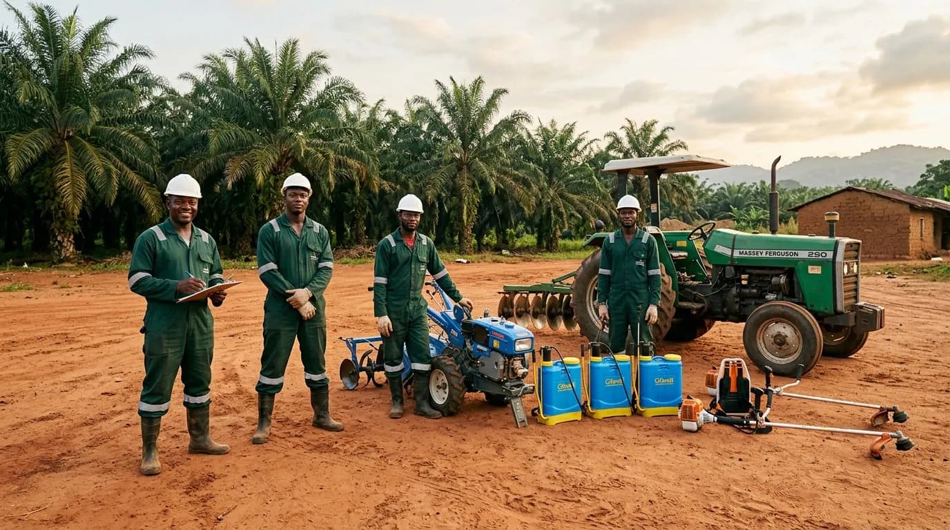 Field crew in green coveralls with a tractor, power tiller and knapsack sprayers