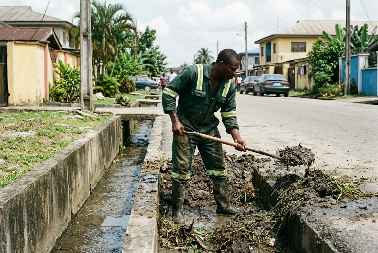 Worker clearing silt and weeds from a roadside drain