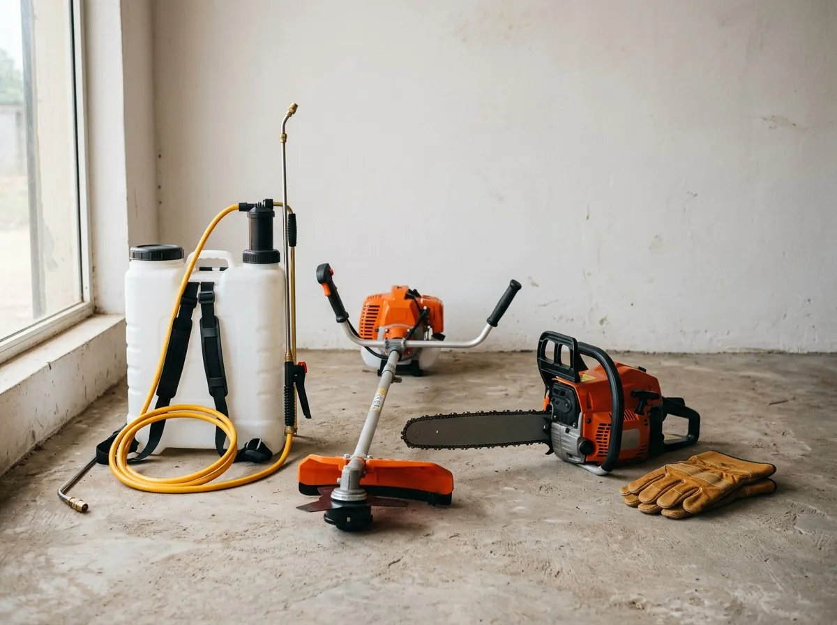 Knapsack sprayer, brush cutter and chainsaw laid out on a tarp