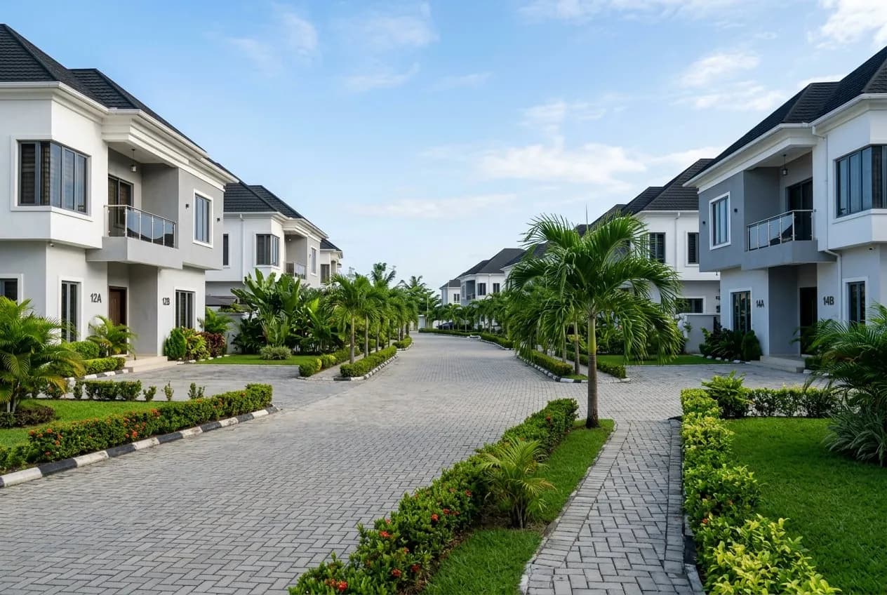 Well-kept residential estate street with trimmed hedges, paved road and palm trees