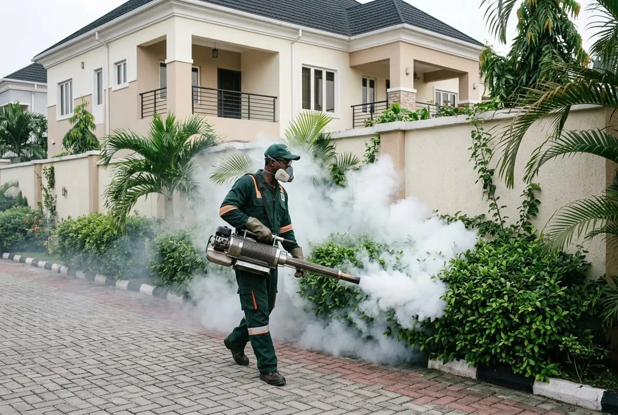 Technician in protective mask fogging hedges along the wall of a residential duplex