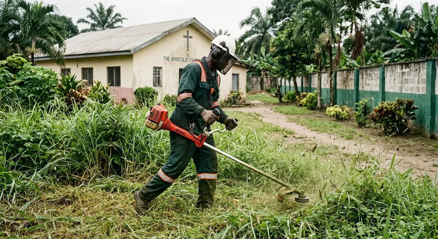 Operator cutting grass with a brush cutter in a church compound