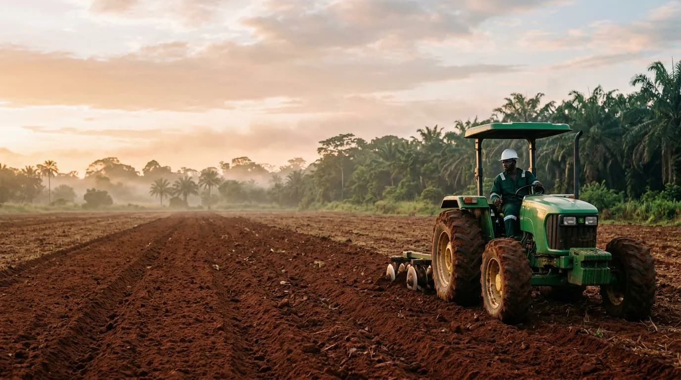 Tractor operator in green coveralls ploughing red-soil farmland at sunrise in Cross River State