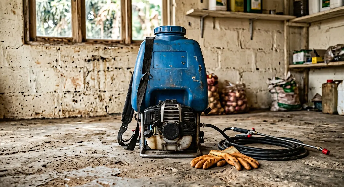 Motorised knapsack sprayer in a farm store
