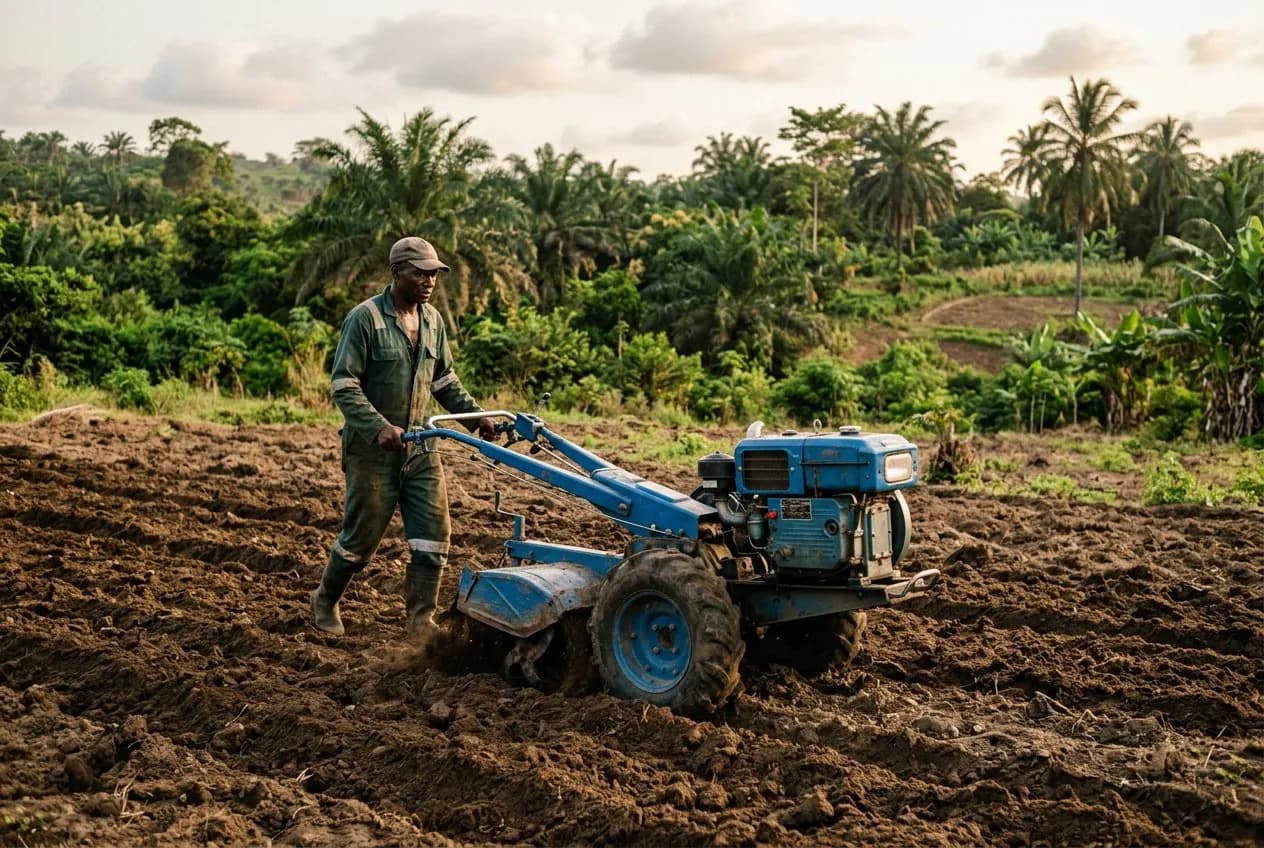 Operator working freshly turned soil with a blue two-wheel power tiller