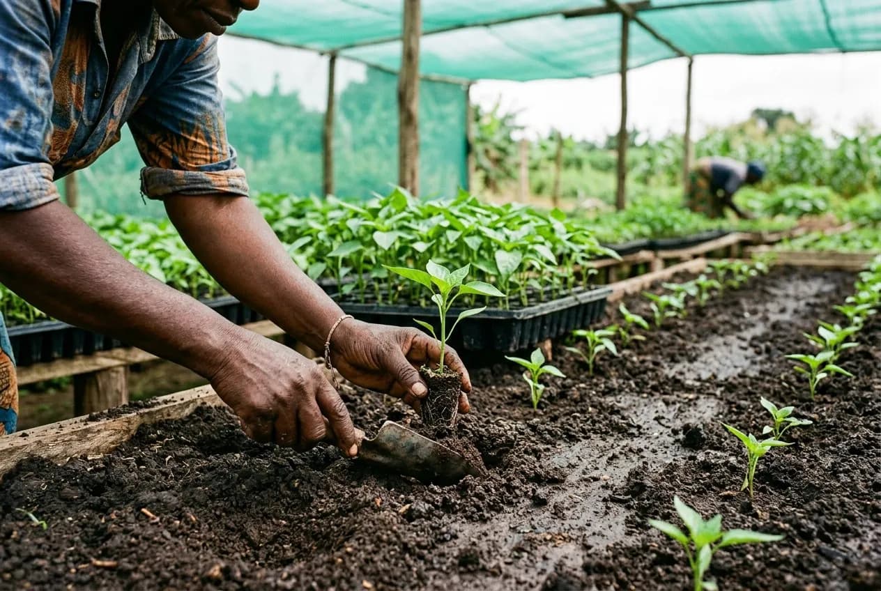 Seedlings being transplanted into a nursery bed