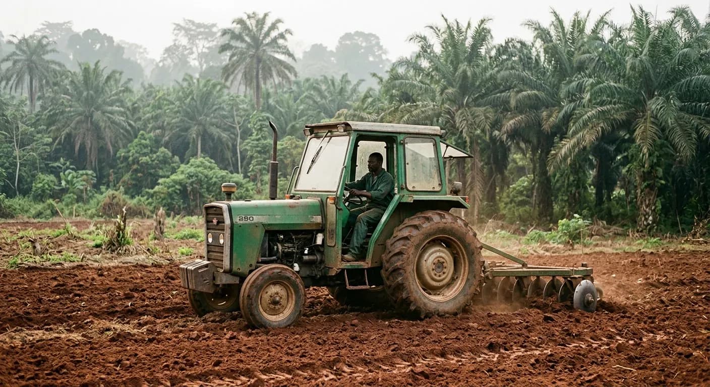 Green tractor with a disc plough turning red soil on a cleared farm plot