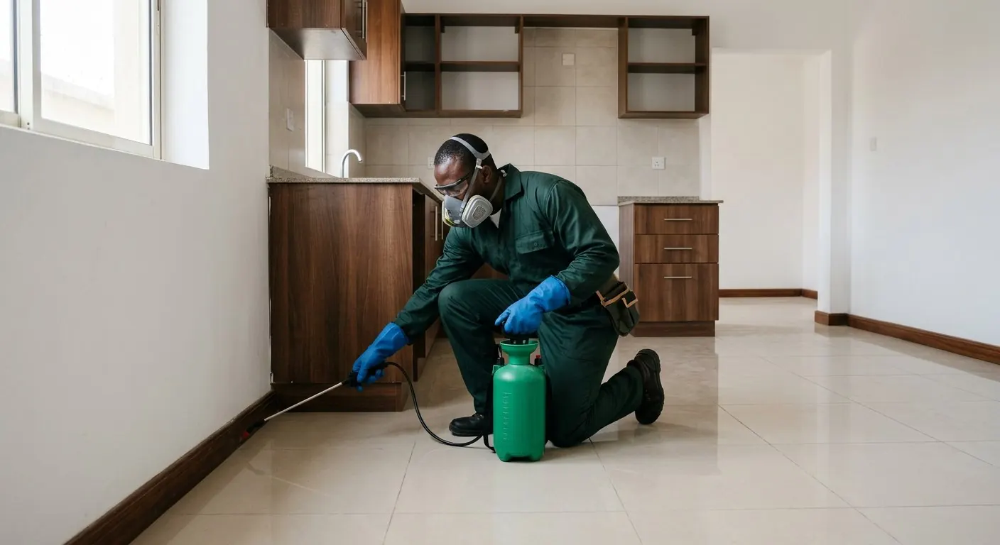 Technician treating skirting and kitchen cabinets in an empty apartment
