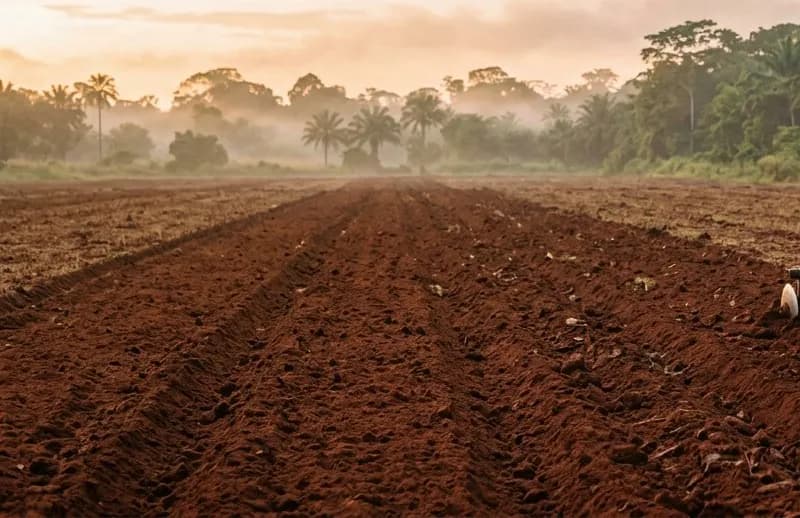 Ploughed red-soil field bordered by tropical forest