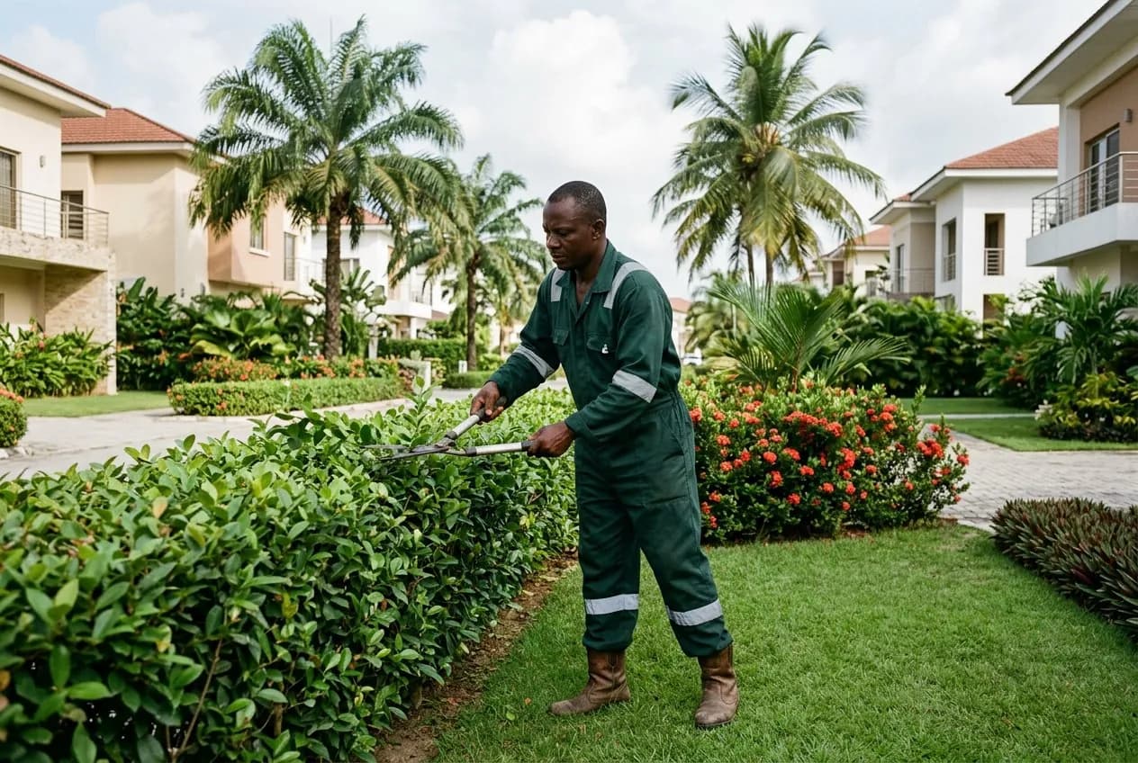 Groundskeeper trimming hedges along an estate road