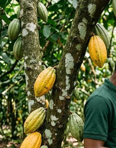 Ripening cocoa pods on a cocoa tree trunk