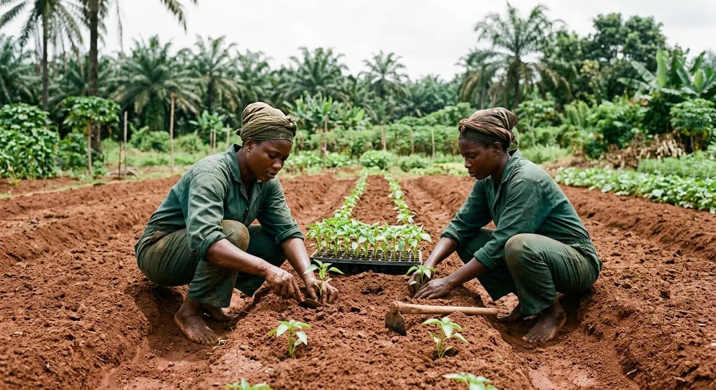Workers planting pepper seedlings on raised ridges