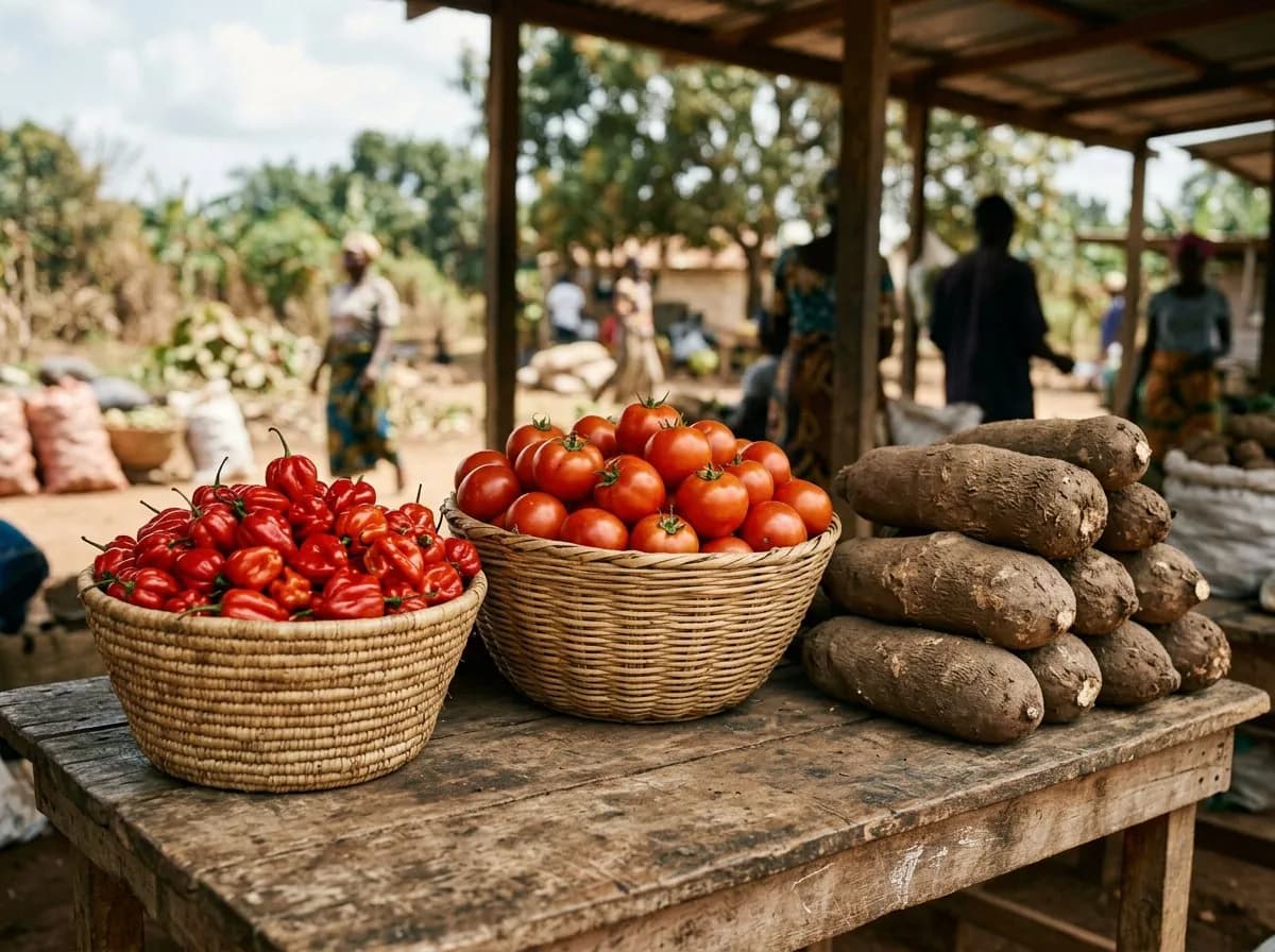 Baskets of fresh pepper, tomatoes and yam at a market