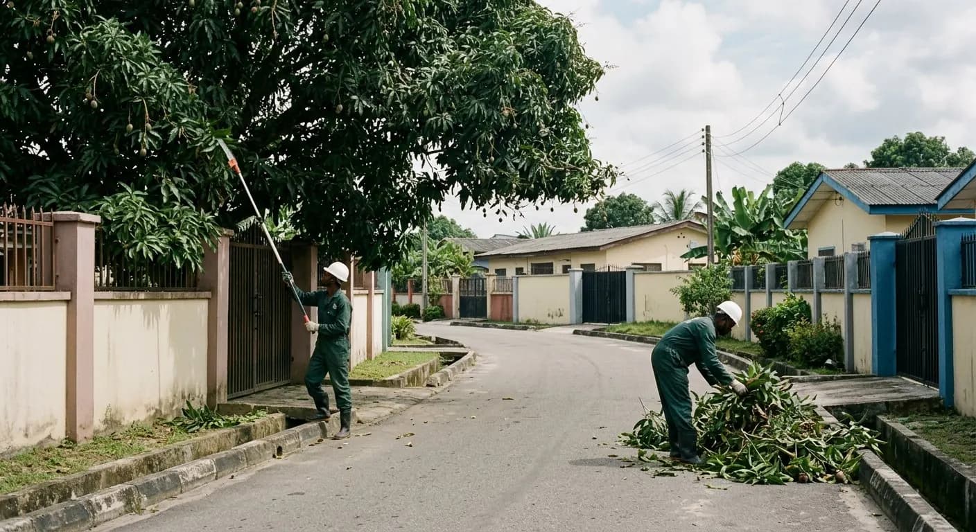 Crew pruning overhanging branches on an estate road